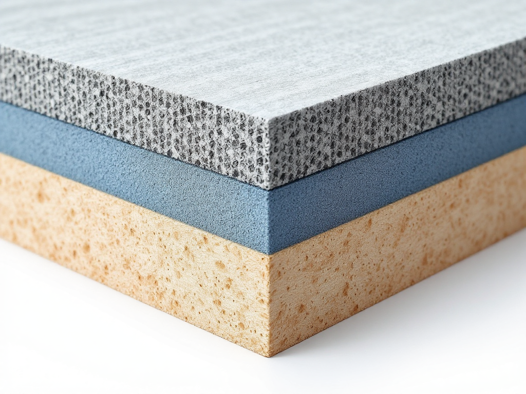 Sección transversal de panel SIP: cara OSB gris, núcleo azul de poliuretano, cara OSB beige